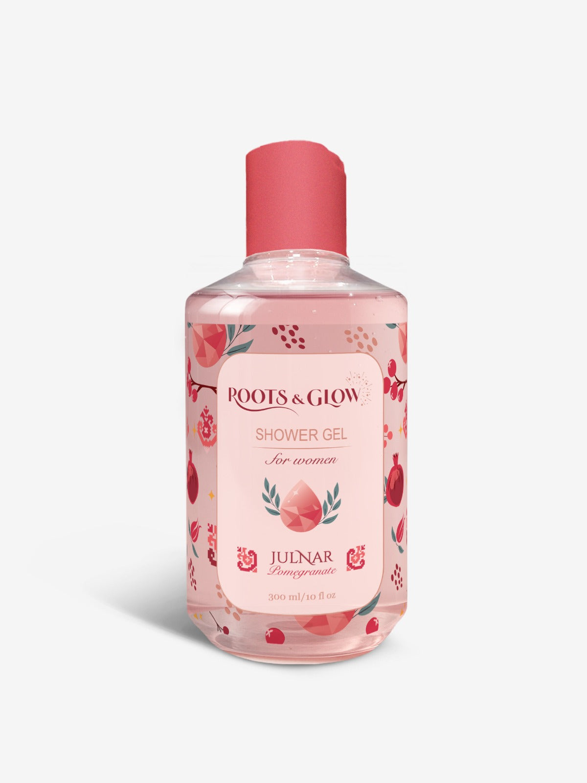 Roots & Glow Shower gel bottle with pink cap and floral design 