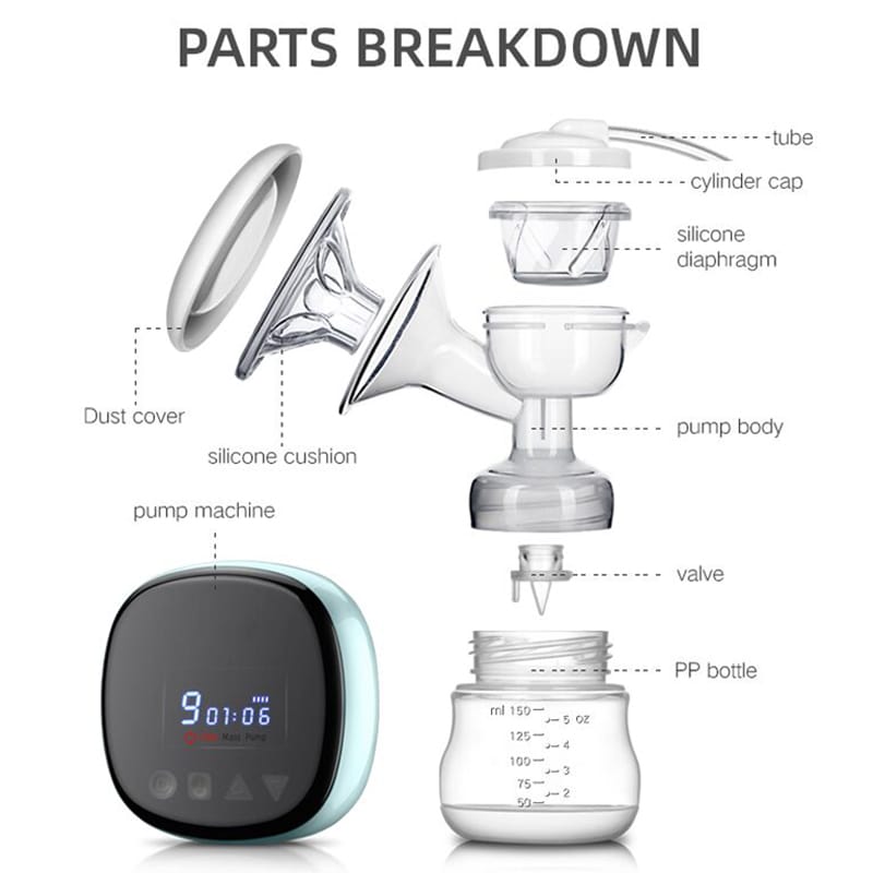 Parts breakdown of a breast pump with labeled components .