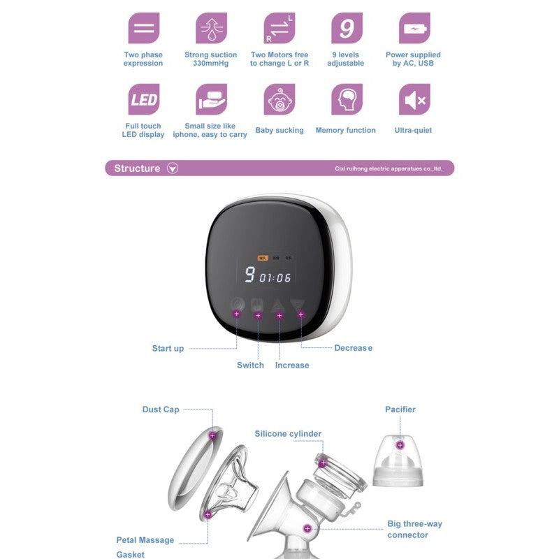 Silicone electric breast pump with 9different sucking strengths.