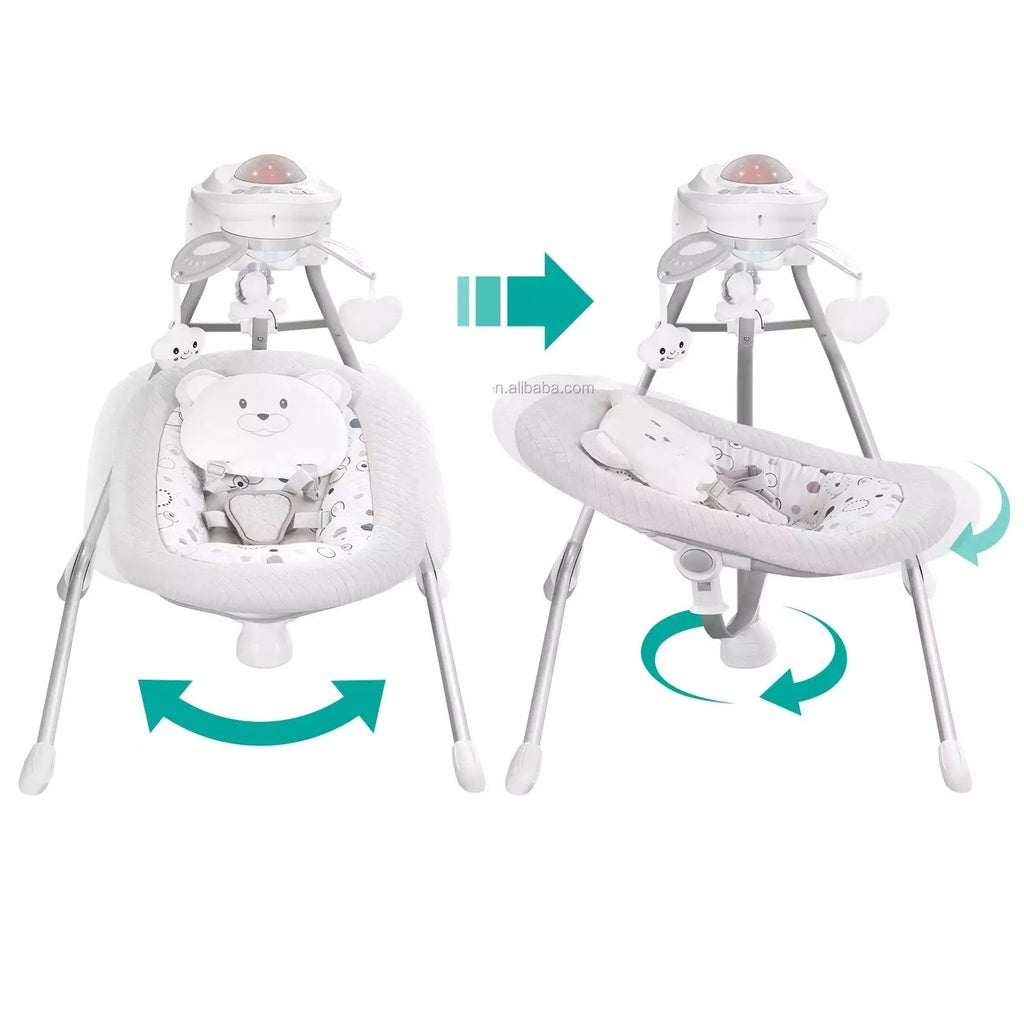 White baby electric musical swing with teddy bear toy 