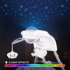 Baby swing with star projector and cloud-shaped toy with light effects.