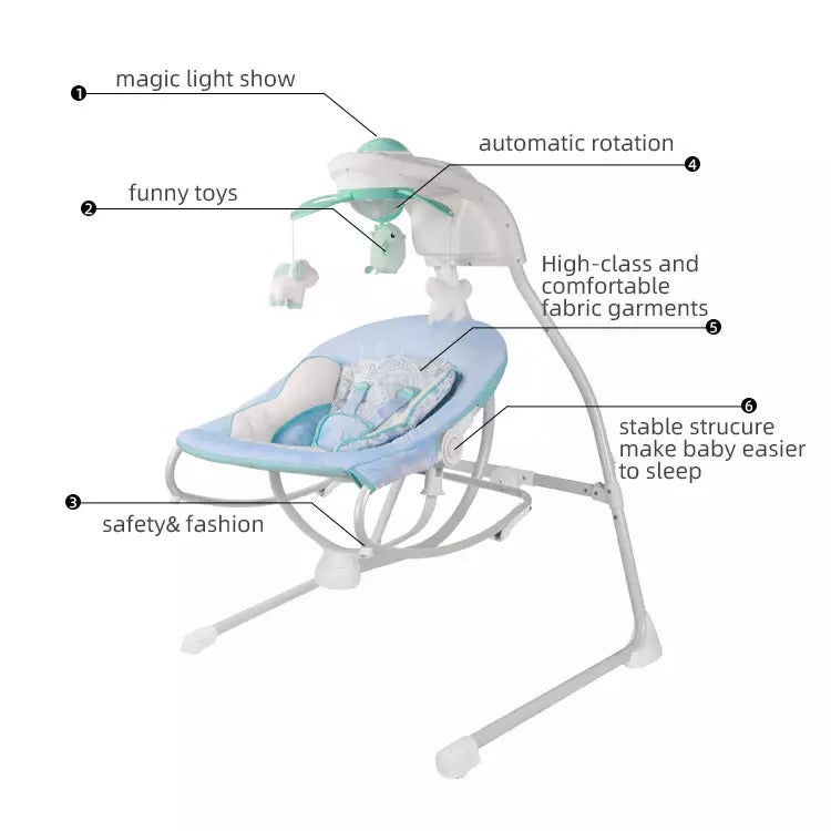 Electric musical Baby swing with features labeled.