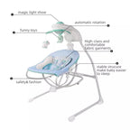 Electric musical Baby swing with features labeled.