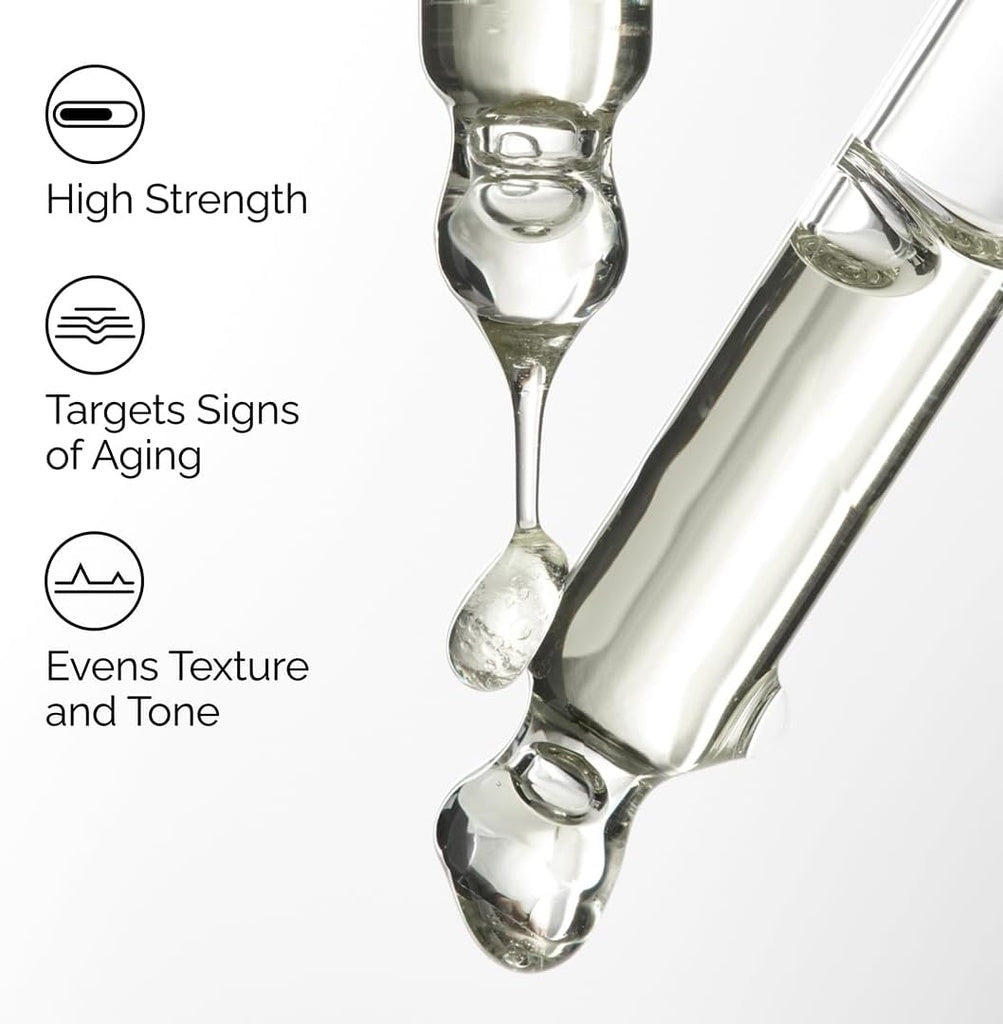 Close-up of glass droppers with text highlighting product features.