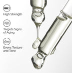 Close-up of glass droppers with text highlighting product features.