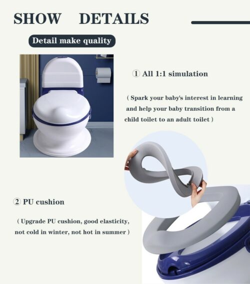 Children's toilet seat with cushion and text on quality and features.