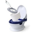 White and blue potty training seat with water being poured .