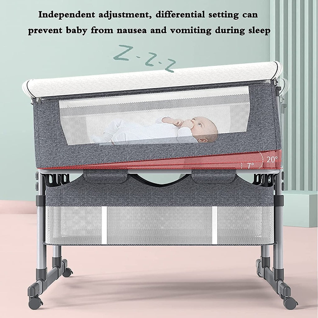 Baby crib with adjustable rails.