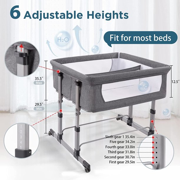 Baby crib with adjustable height feature and measurement details.