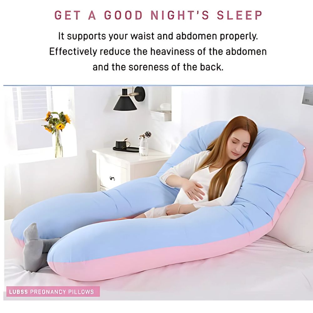 Woman lying on a U-shaped pregnancy pillow with about its benefits.