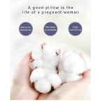 Cotton bolls held in hands with text about a good pillow's benefits for pregnant women.