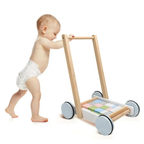 Baby pushing a wooden walker toy with colorful blocks on wheels.