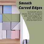Colorful geometric blocks with rounded edges on a wooden base, text about smooth curved edges.