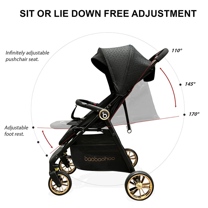 Black pushchair with adjustable seat Easy to fold lightweight travel stroller.