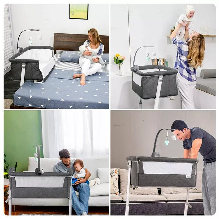 Collage of a baby crib being used in various settings with parents and children.