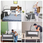 Collage of a baby crib being used in various settings with parents and children.