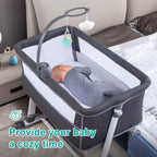 Baby in a  new born gray bassinet with a cozy atmosphere