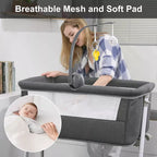 Woman with a baby in a portable crib with breathable mesh and soft pad .