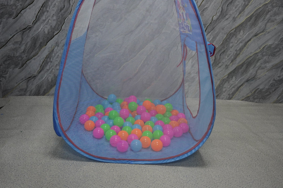  Pinkfong
Blue ball pit tent with colorful balls .