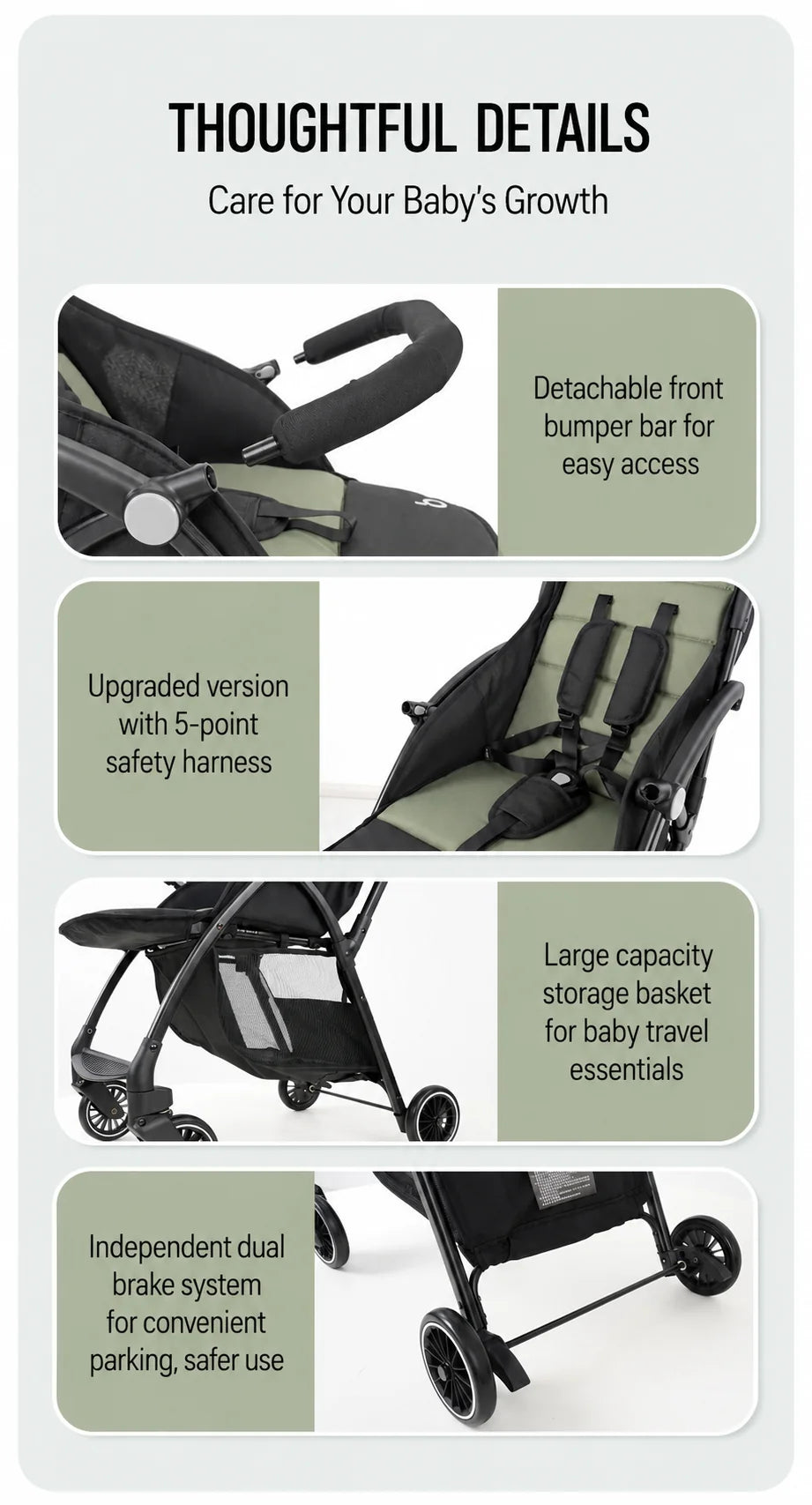 An infographic detailing the features of a baby stroller, titled 'THOUGHTFUL DETAILS Care For Your Baby's GROWTH callouts highlighting features like a detachable front bumper bar, an upgraded 5-point safety harness, a large storage basket, and an independent dual brake system.