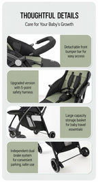 An infographic detailing the features of a baby stroller, titled 'THOUGHTFUL DETAILS Care For Your Baby's GROWTH callouts highlighting features like a detachable front bumper bar, an upgraded 5-point safety harness, a large storage basket, and an independent dual brake system.