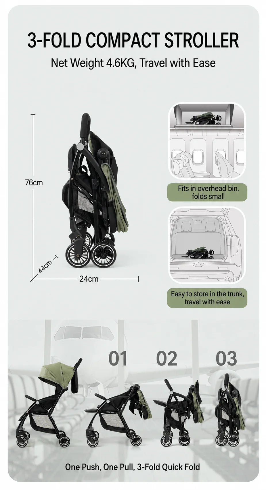 A product infographic for a 3-fold  a10 Lightweight compact stroller. The left side shows the stroller folded with dimensions labeled 76cm in height and 24cm in width.