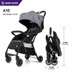 A 10 Baby stroller shown in unfolded and folded positions with text indicating net weight 4.6 KG and dimensions 76 MM folded height and 24 MM folded width.