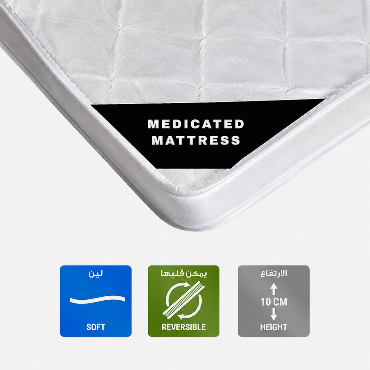 Close-up of a white medicated mattress corner with a black label reading 'MEDICATED MATTRESS,' plus three feature icons below indicating softness, reversibility, and 10 cm height.