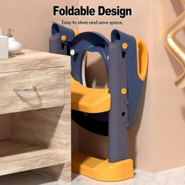 Foldable design product on a bathroom shelf with text indicating ease of storage.