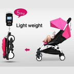 Baby stroller with a digital scale showing its weight and a baby inside.