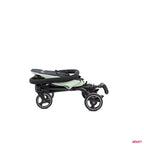 A folded convertible rider l stroller in mint green and black color.