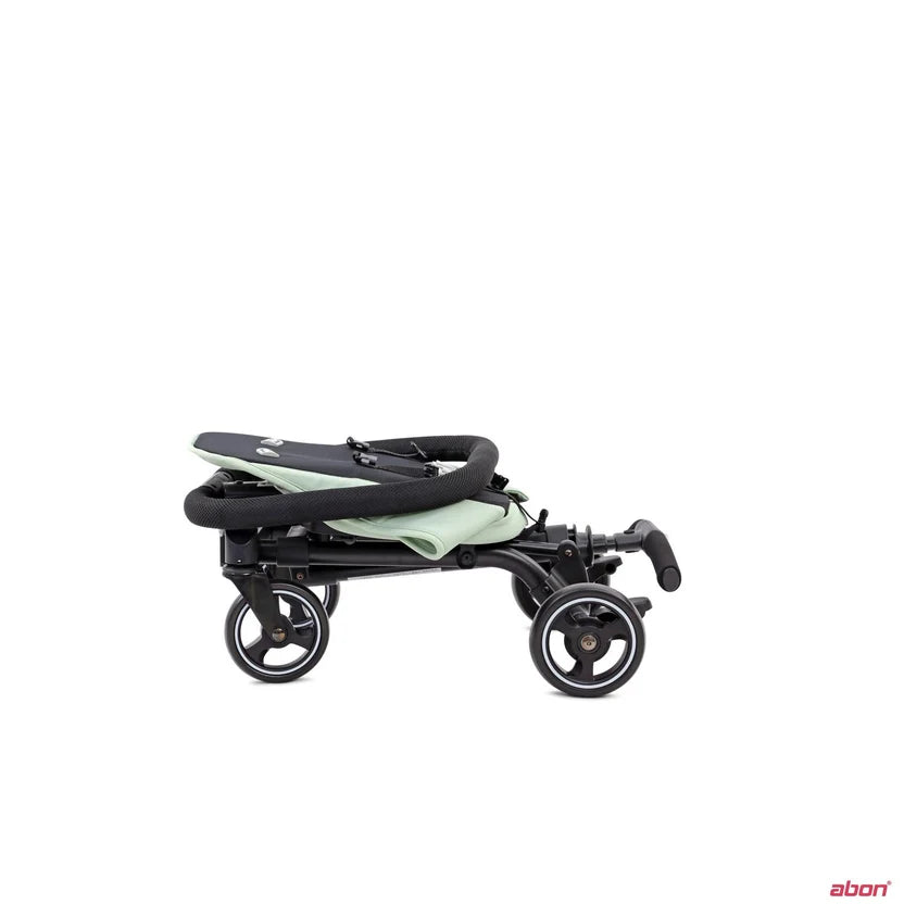 A folded convertible rider l stroller in mint green and black color.
